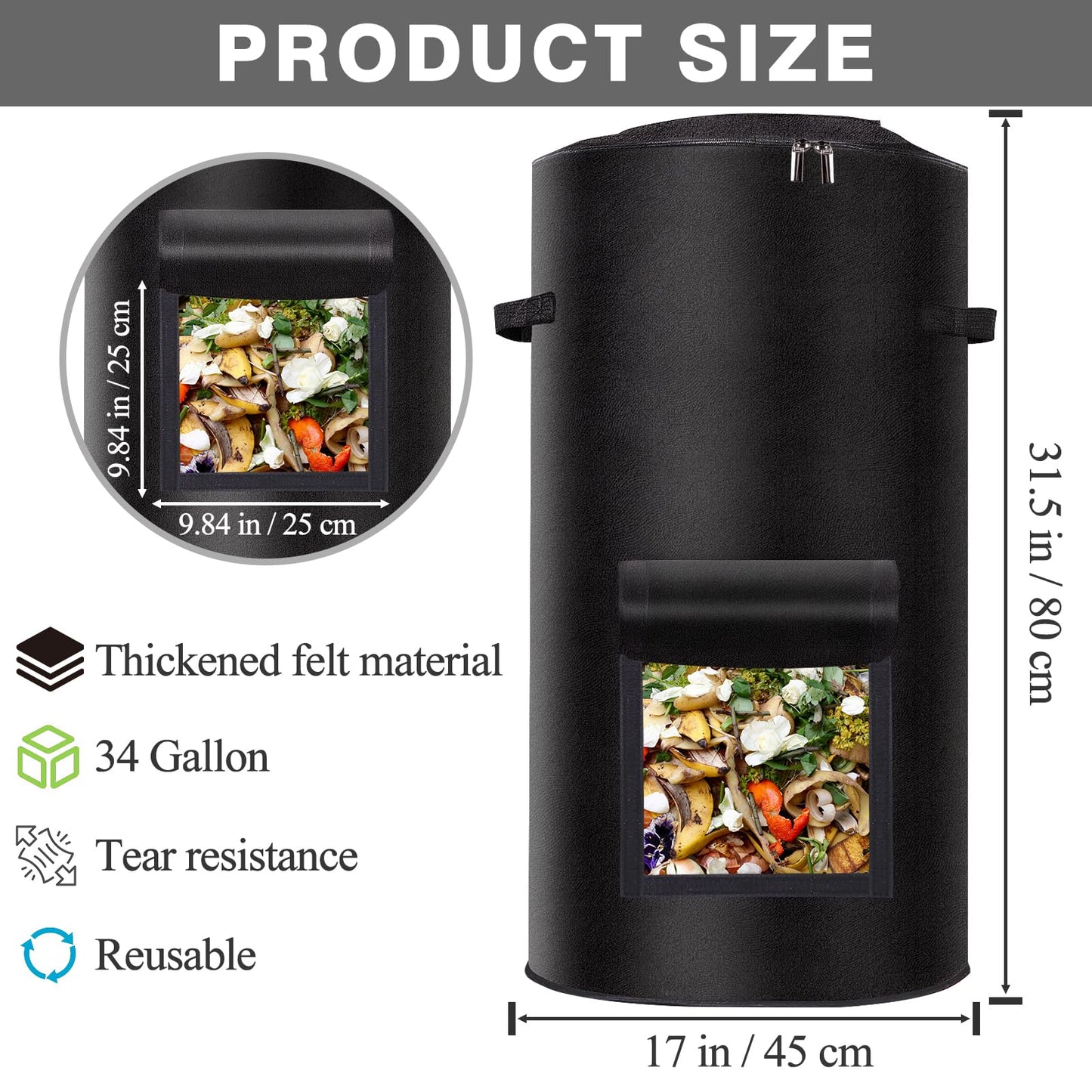 Compost Bins Outdoor with Observation Windows, 34 Gallon Reusable Home Compost Bucket for Outside Garden, Backyard, Heavy Duty Nonwoven Fabric Yard Waste Bag (1 Pack, Black)