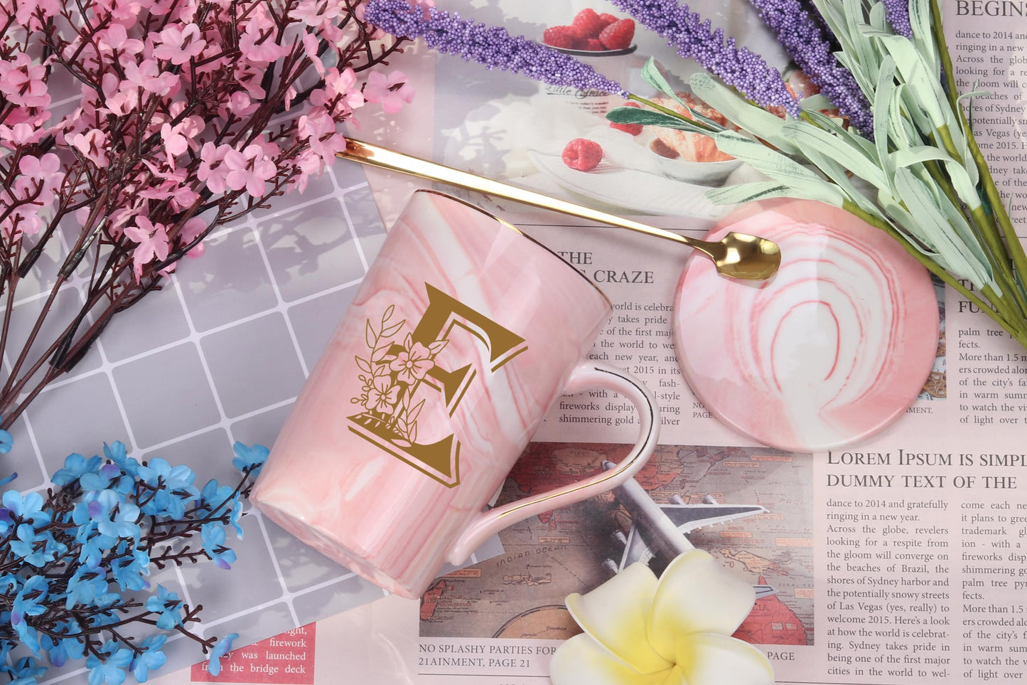 Letter E Personalized Initial Mugs with Flower, Letter E Personalized Novelty Coffee Mug, Novelty Letter Coffee Mugs for Women, Bridal Shower Gifts, Women's Initials Gifts Coffee Mug 14 Ounce Pink
