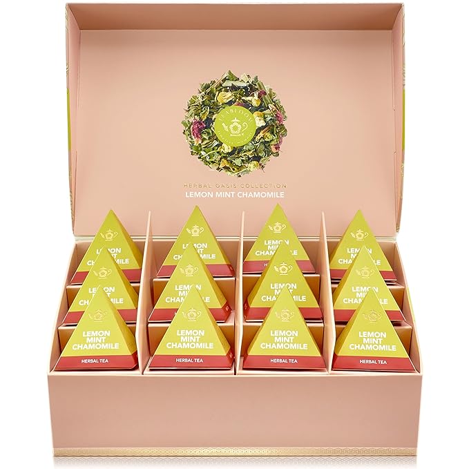 Teabloom Lemon Mint Chamomile Pyramid Tea Presentation Box, 12 Herbal Tea Blends, Whole-Leaf Pyramid Tea Sachets