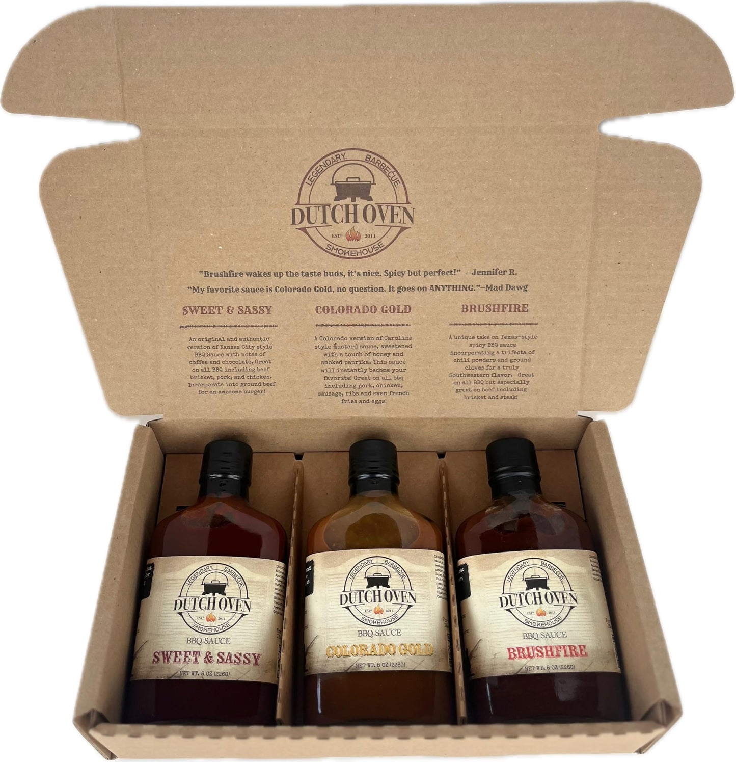 Dutch Oven Smokehouse BBQ Sauce Gift Set - Original 3 Pack with Sweet & Sassy, Brushfire, Colorado Gold - All-Natural, Small-Batch BBQ Sauces - Authentic Western Flavors - Ideal gift for Barbecue Grill Enthusiats