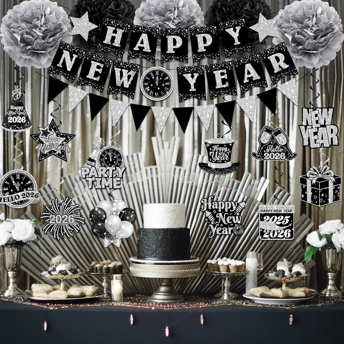 New Years Decorations Hanging Swirls,Black and Silver 2026 New Years Eve Decorations Banner Ceiling Hanging Pom Pom Garland Triangle Flag for Happy New Year Decorations
