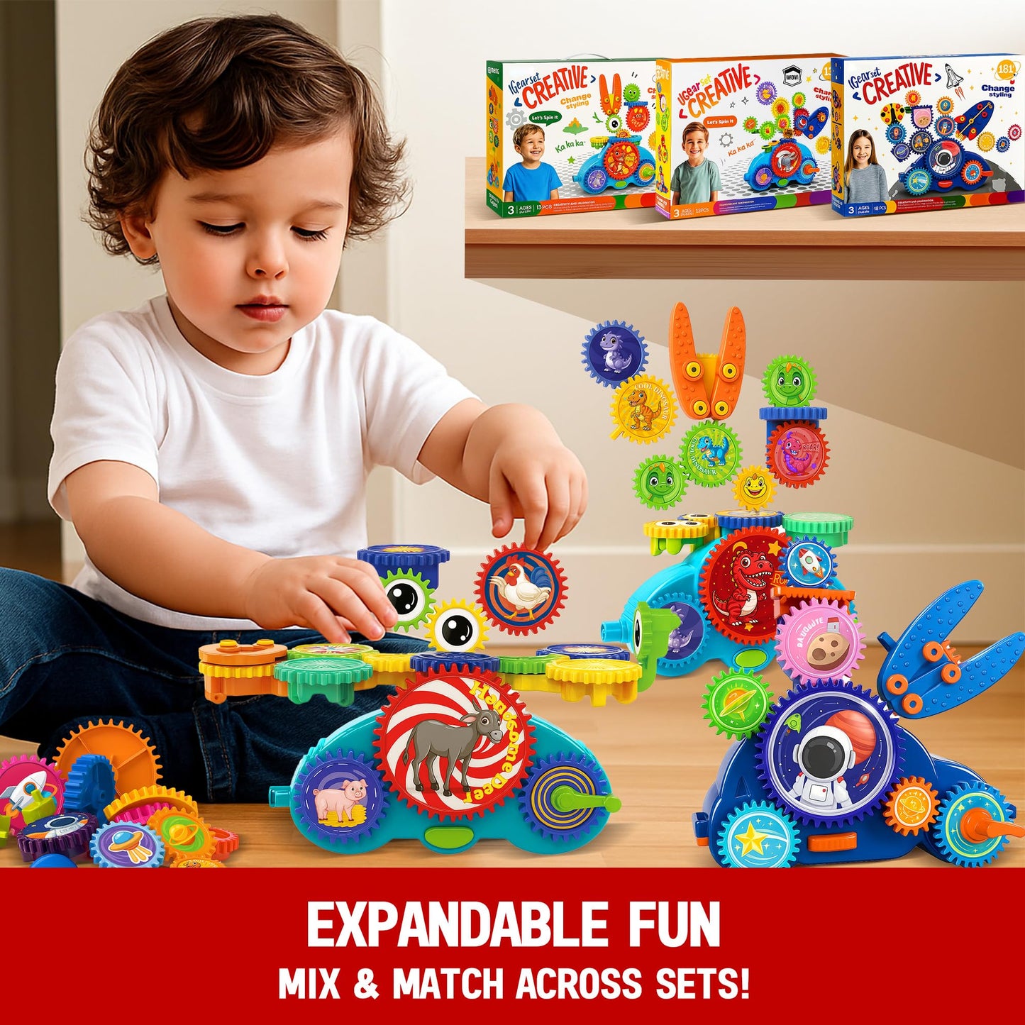 ROHSCE Motorized Gear Building Blocks Toys, Electric Farm Animal Spinning Set Ages 3-6, STEM Learning Construction Kit, Fine Motor Cause-Effect Gift for Boys Girls