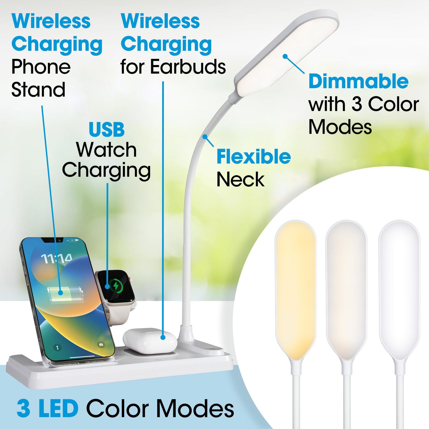 Ottlite LED Desk Lamp with Multi-Device Charging Station, White