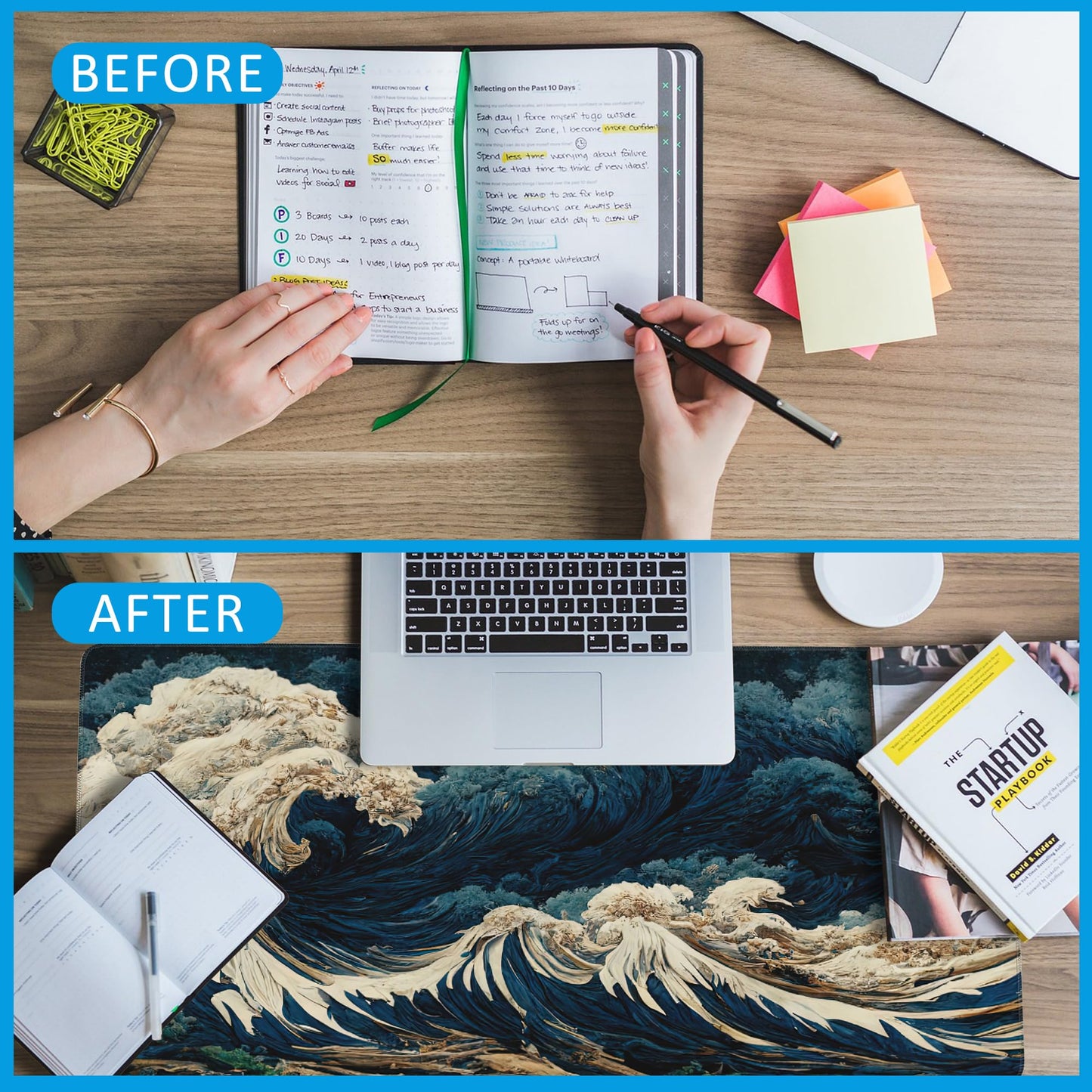 EOBKLAX Japanese Ocean Waves Large Gaming Mouse Pad,Waterproof Desk Mat for Desktop,Non-Slip Rubber Base Mousepad with Stitched Edges for Laptop Office and Home 35.4X15.7 Inch