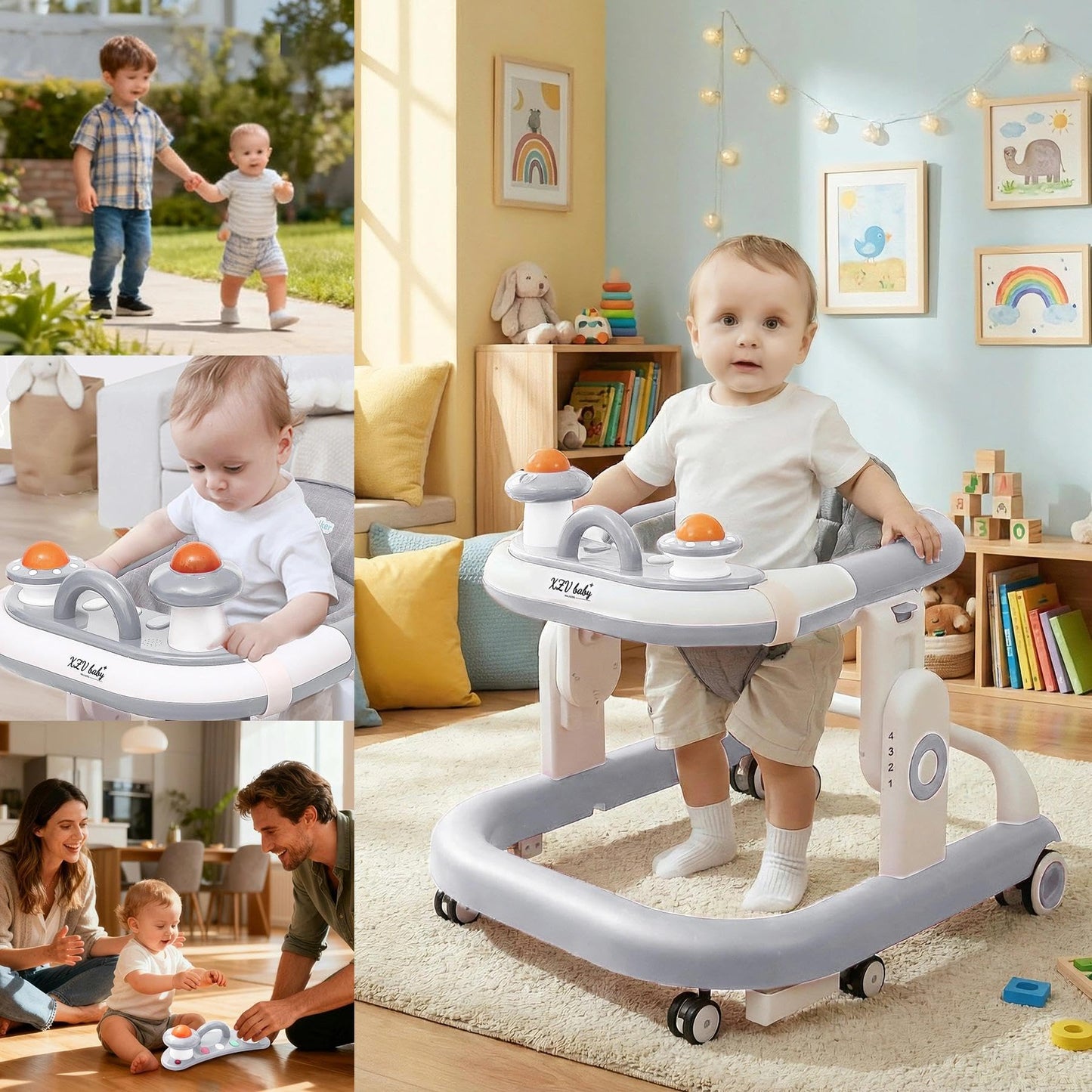 5-in-1 Baby Walker with Wheels Foldable Height-Adjustable Walker for Baby Boy 6-12 Months with Feeding Tray Multi-Functional Activity Center (Grey)