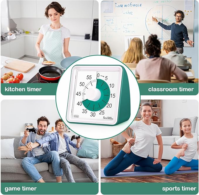Secura 60 Minute Essential Visual Timer for Kids, Countdown Clock Timer for Special Education, Classroom, School, Desk, Home, Office, Silent Non-Ticking Time Management Tool (Dark Green & Dark Green)