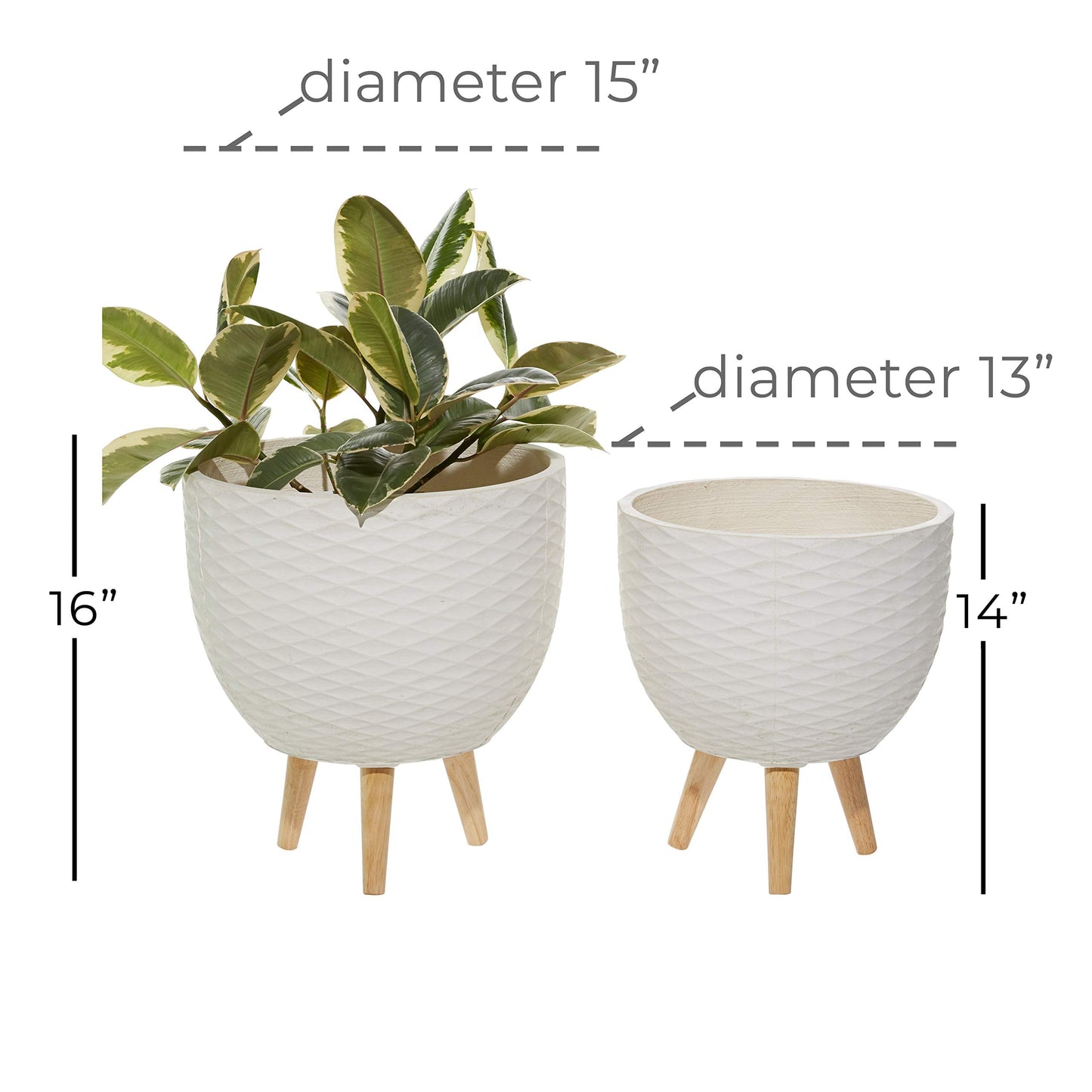 Deco 79 Ceramic Geometric Indoor Outdoor Planter Diamond Patterned Large Planter Pot with Wood Tripod Legs, Set of 2 Planters 16", 14"H, White