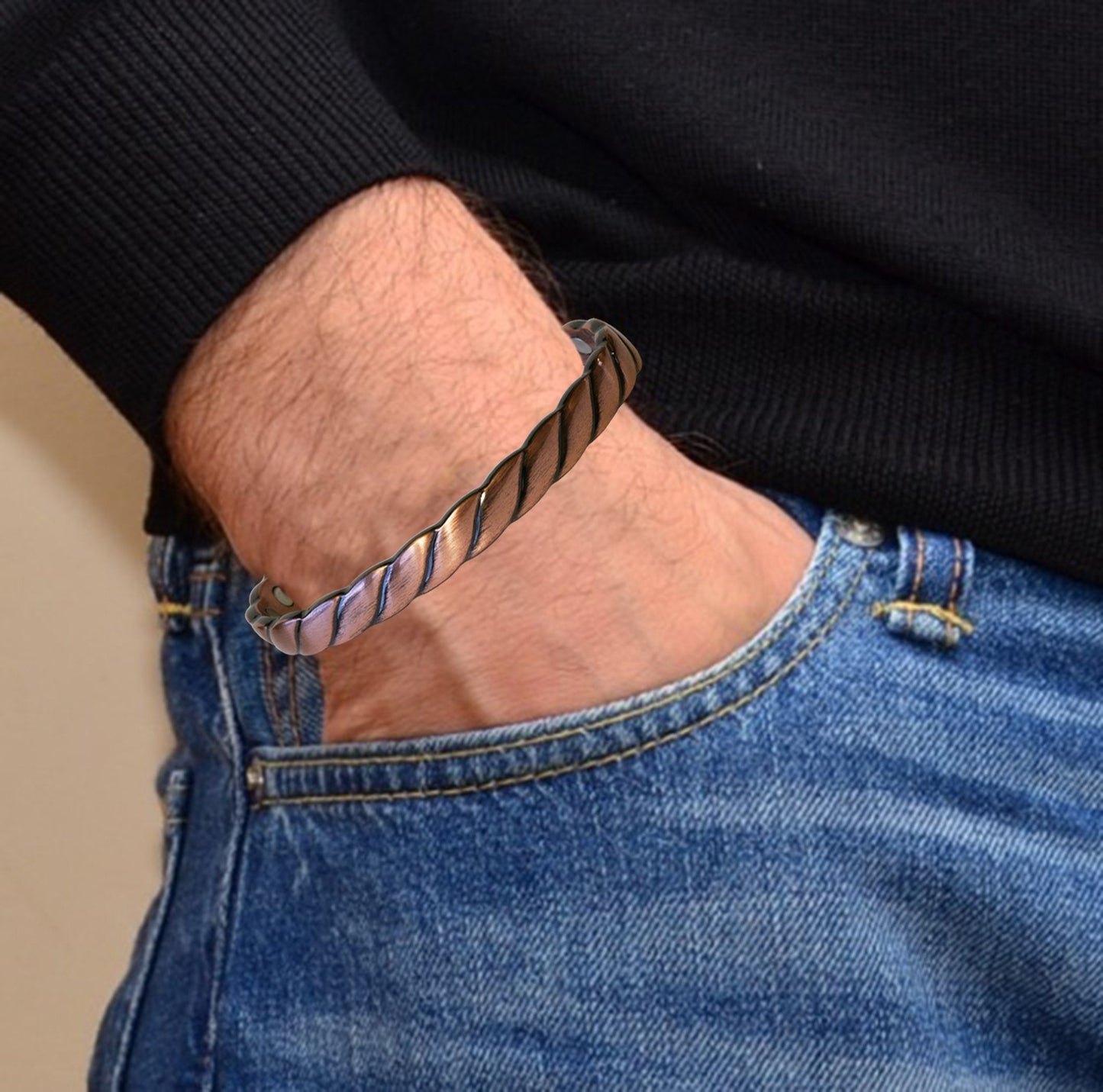 Reevaria - Pure Copper Twisted Magnetic Cuff Bracelet for Men Women, with 8 Magnets 3500 Gauss