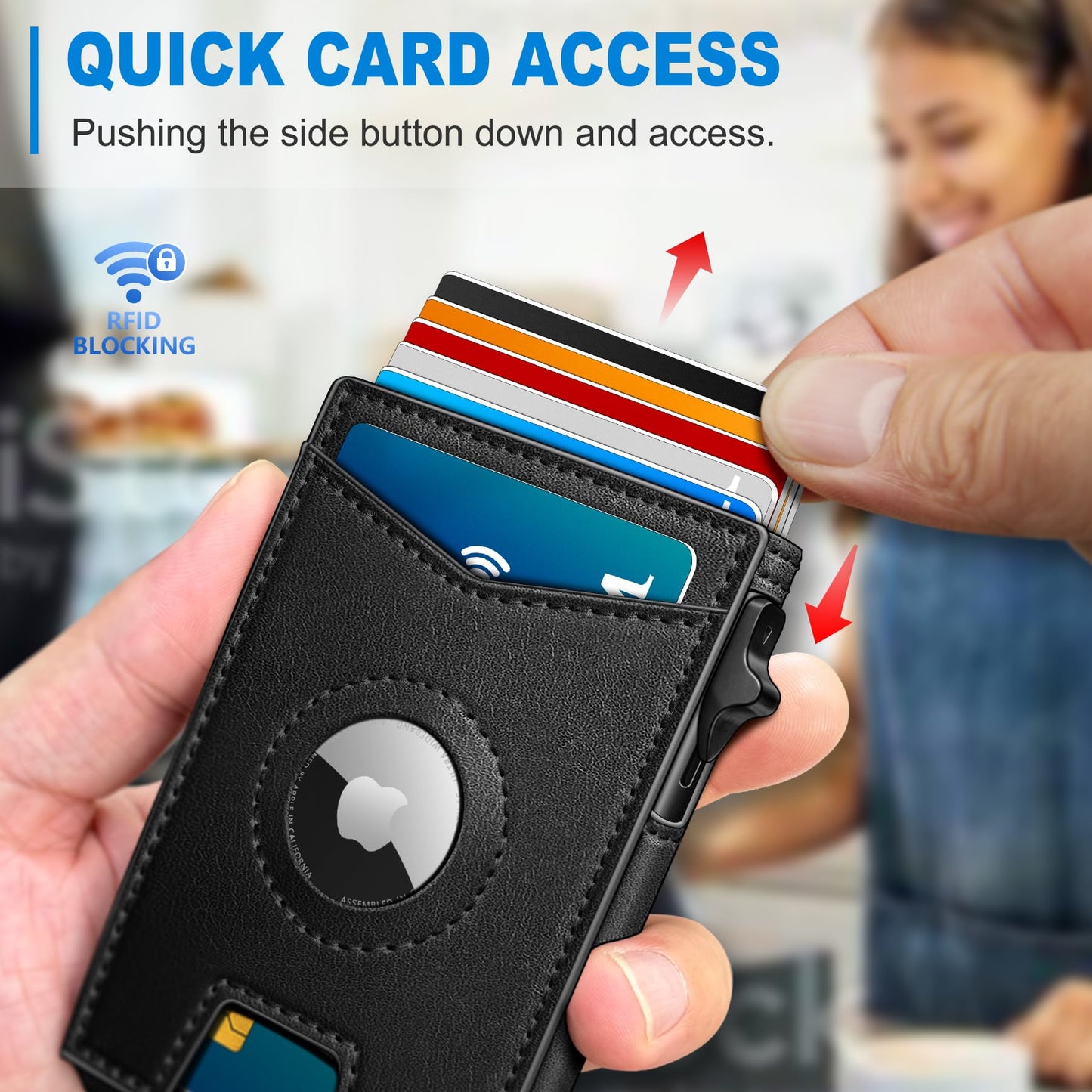 miyozi Airtag Wallet for Men Money Clip 9-Card Pop-Up Credit Card Holder with ID Window RFID Blocking Metal Case Magnetic Closure Front Pocket Wallet Gift Box