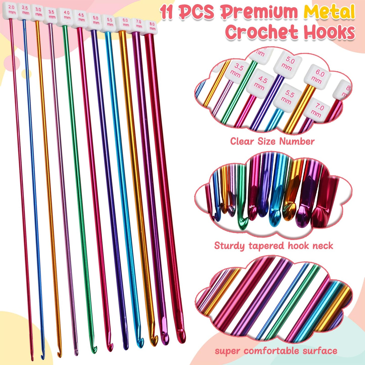 Aeelike Tunisian Crochet Hooks Set with Cable, 11PCS Tunisian Crochet Hook 2-8 mm Aluminum 12 PCS Colorful Afghan Crochet Hooks 3.5-12 mm, Smooth Long Tunisian Crochet Hook with Cable for Beginner