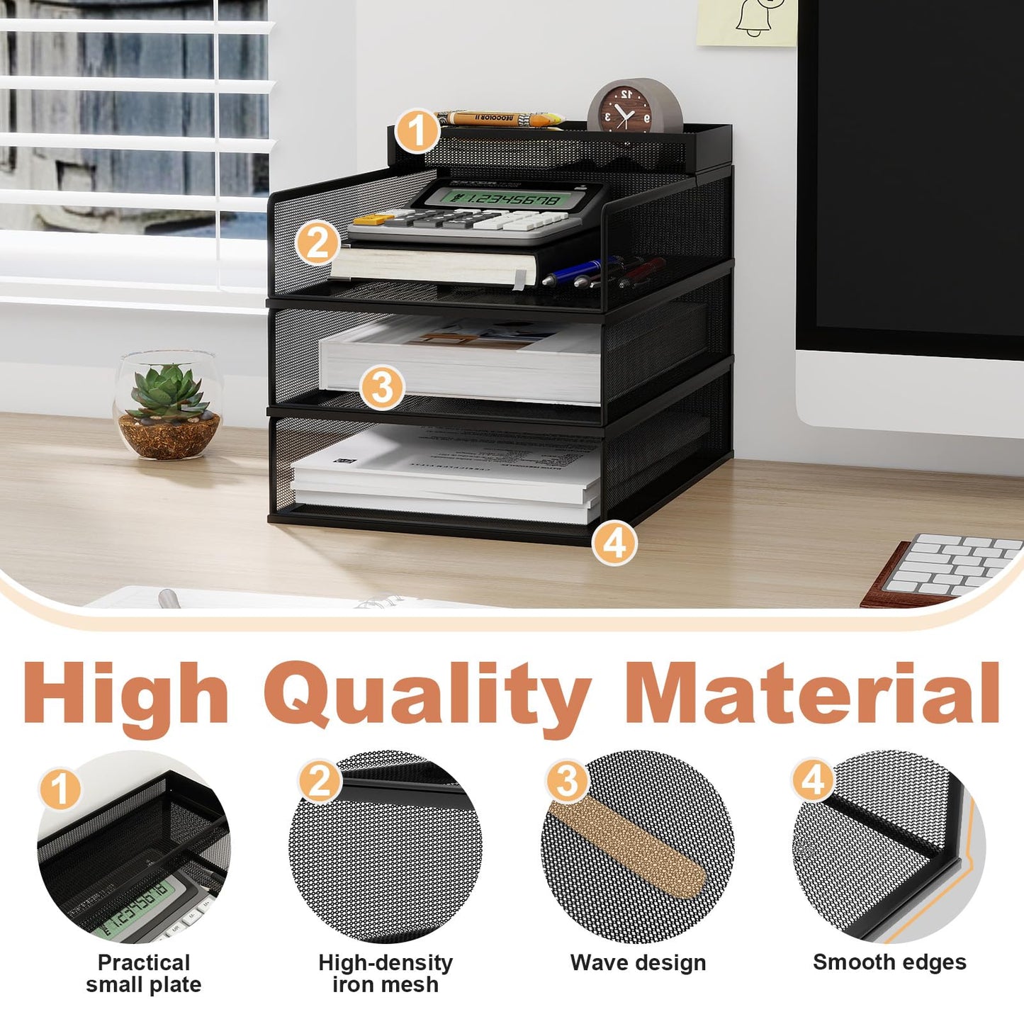 Natwind 3 Tier Stackable Paper Trays for Letter Documents, Desktop File Organizers for Office Supplies, Metal Mesh Desk Organizer，Office Organizer，Letter Trays for Home, Office, School，Black