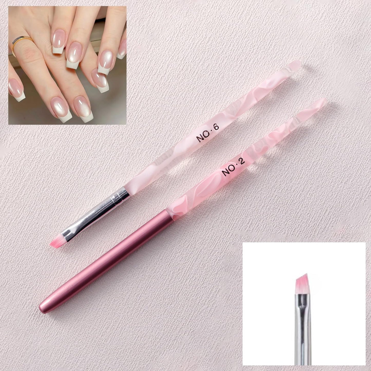 Nail Art Brush Set, Pink Marble Design, Professional Manicure Tools, Nail Brush and French Tip Brush 2 Piece
