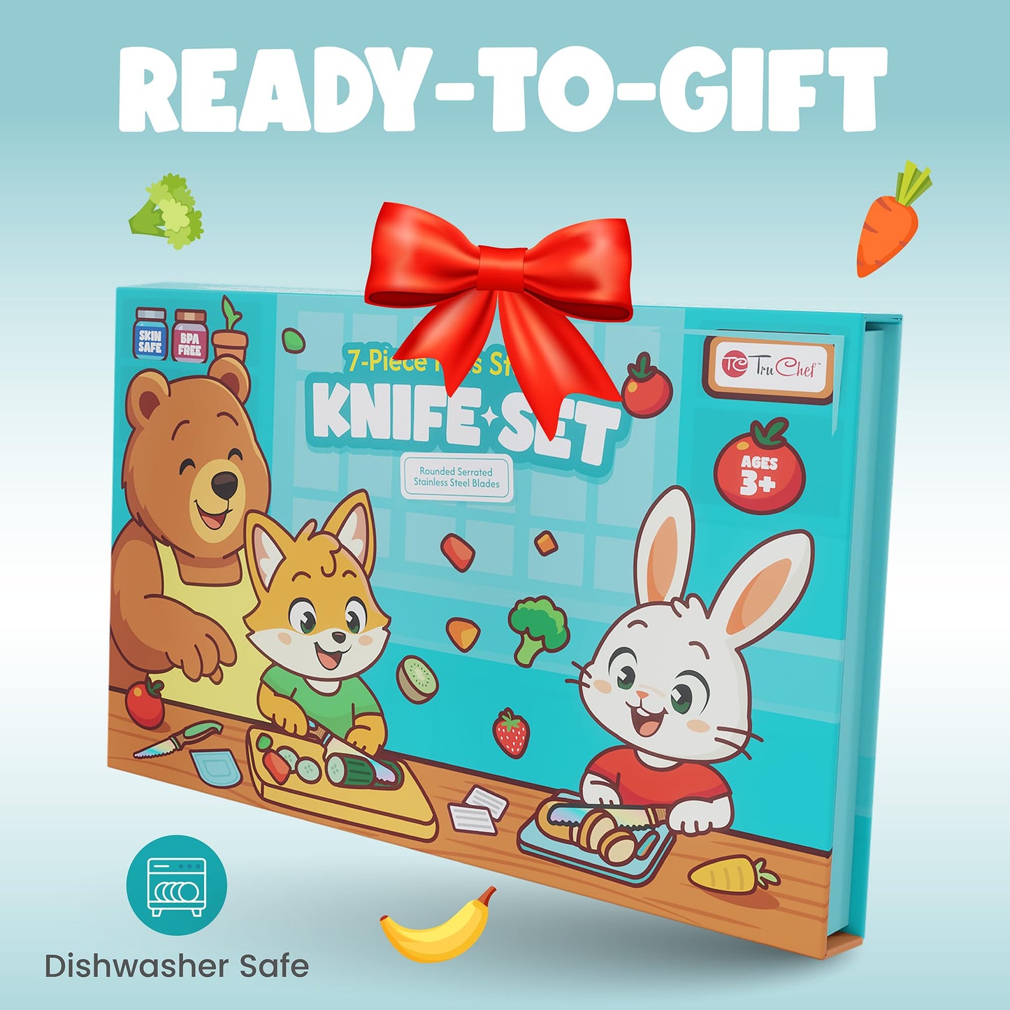 TruChef Kids Knife Set for Real Cooking | Skin Safe Chef Set for Ages 3+ with Rainbow Blades, Cutting Board, Scraper, Recipe Cards | Jr Chef Cooking Gift for Teens & Kids (16 Pcs)
