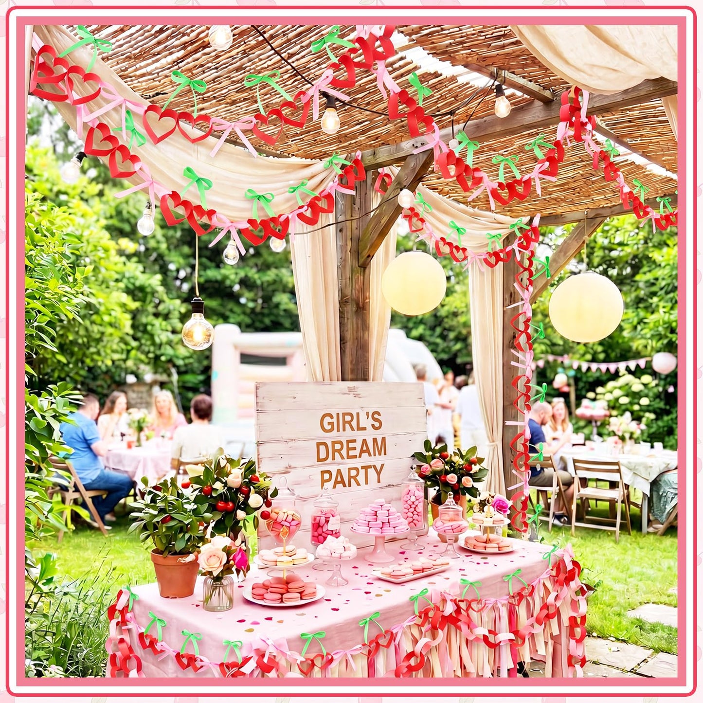 Gueevin 300 Sheets Cherry Party Paper Chain Strips Decorations Paper About 41 Feet in Total with 1 Roll Double Sided Tape DIY Cherry and Bow Hanging Banner for Baby Shower Bridal Bachelorette Wedding
