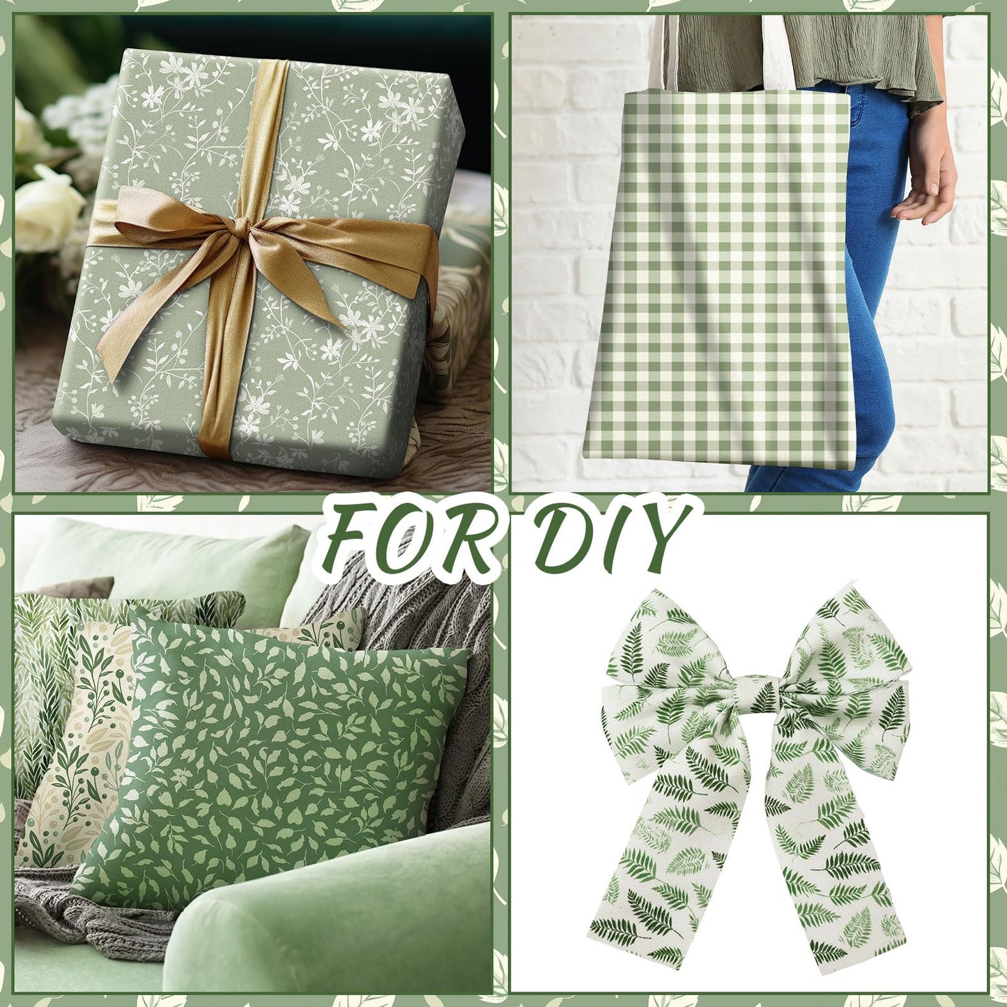 Ganeen 60 Pcs 10 x 10 Inch Sage Green Quilting Fabric Square Greenery Precuts Quilted Fabric Bundle Gingham Polka Dot Spring Leaves Printed Sewing Material for Holiday Patchwork DIY Craft Supplies