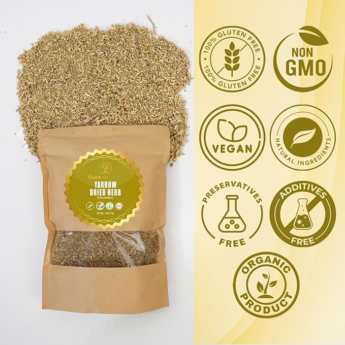 Cure wid Pure Organic Dried Yarrow Herb - 4 oz Non-GMO Cut & Sifted Yarrow Flower - Organic Yarrow Tea for Wellbeing