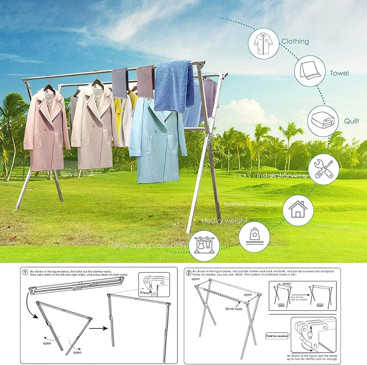 Clothes Drying Rack Folding Indoor Outdoor Rolling Portable Laundry Drying Rack