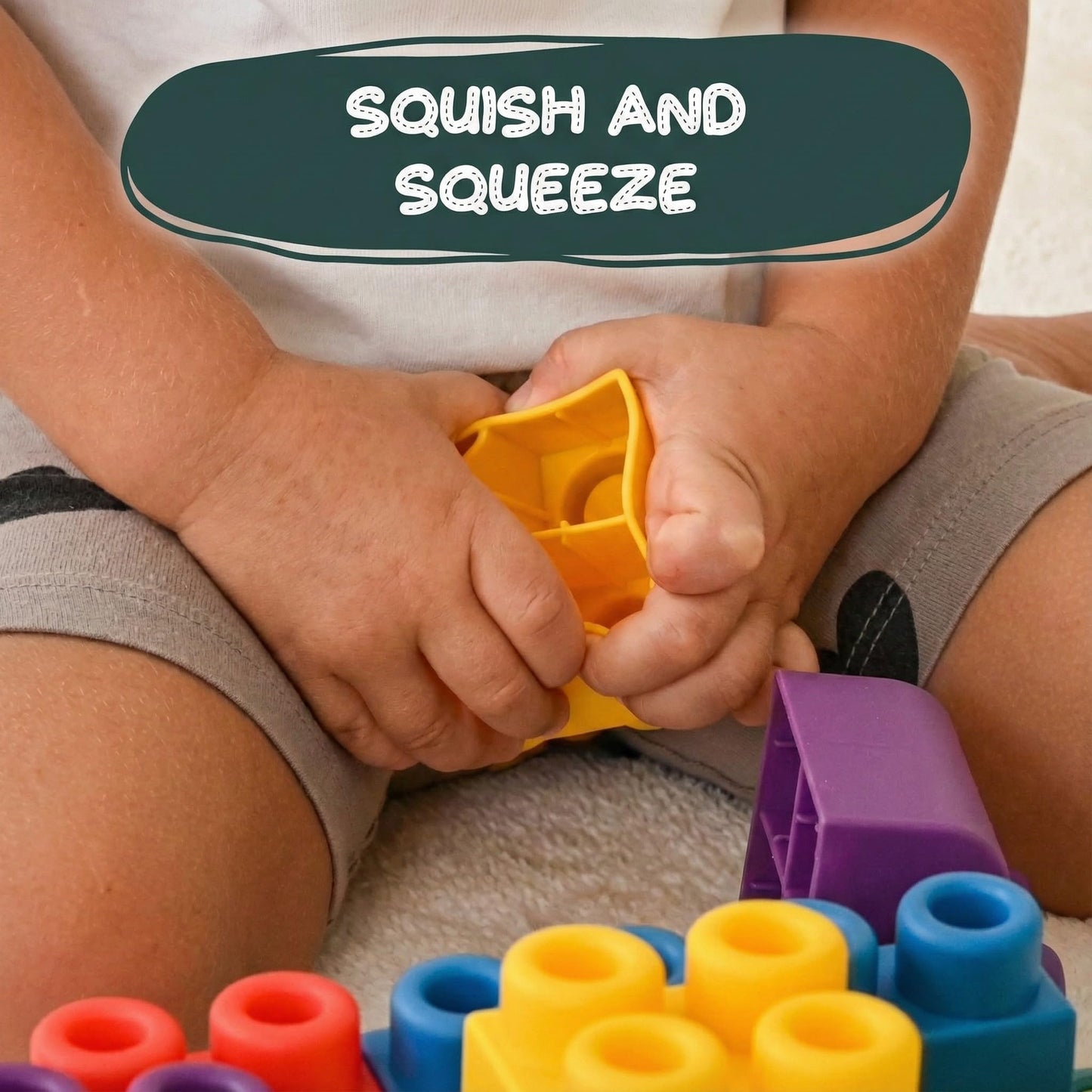 WaBee Baby Soft Rubber Building Blocks - 50 Pieces in Wheeled Bin Ages 12mo+ - Extra Large Chew-Safe Sensory Toys - STEM Learning Set - Not Compatible with Duplo/Mega