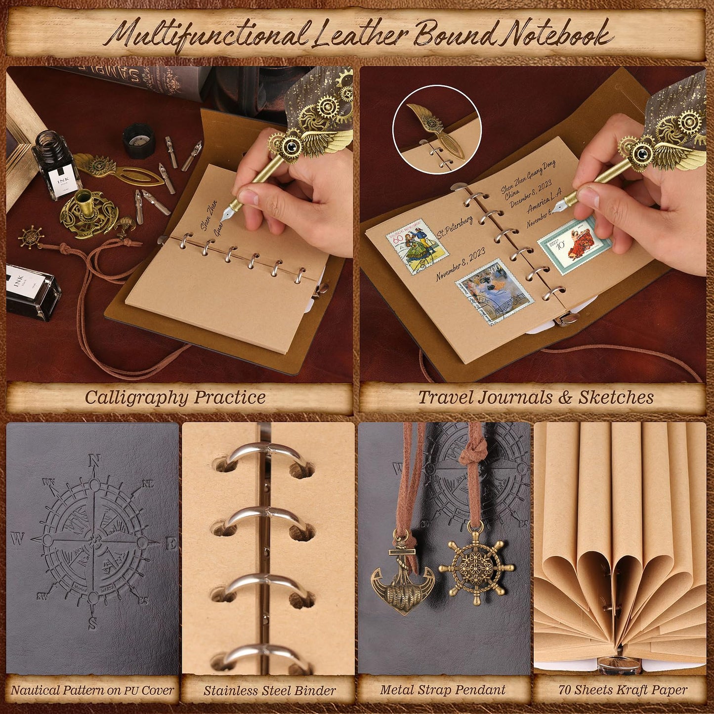 Quill Pen and Ink Set,Calligraphy Pen Set for beginners,Feather Pen Set with Leather Notebook,Pen Holder,5 Replaceable Nibs,Bookmark,Letter Writing Kit & Wax Seal Stamp Kit-Calligraphy Pens Gift Set