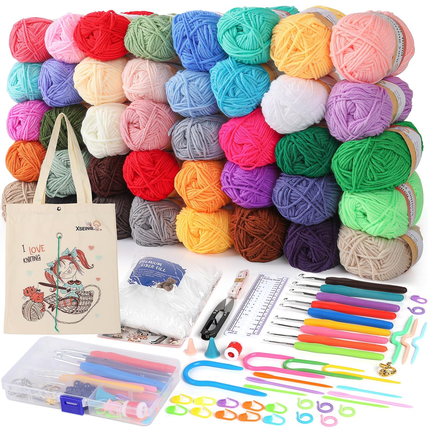 XSEINO Crochet Kit with Crochet Hooks Yarn Set - Premium Bundle Includes 40 Colors Crochet Yarn Balls, Crochet Kit, Accessories Kit, Crochet Bag and Lot More - Starter Pack for Beginners