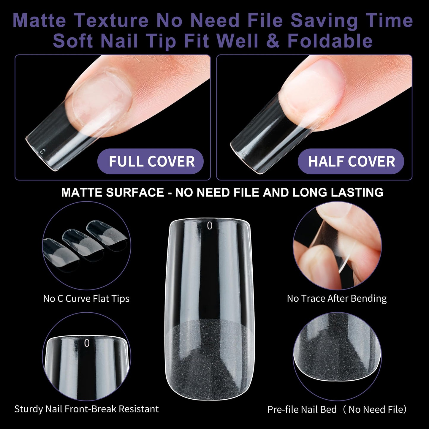 Half Matte Medium Square Fake Nail Tips, Soft Gel Pre-Shaped Nail Tips, Full Cover False Nails with Clear Box for Nail Salons and DIY Nail Art, 600PCS/12 Sizes