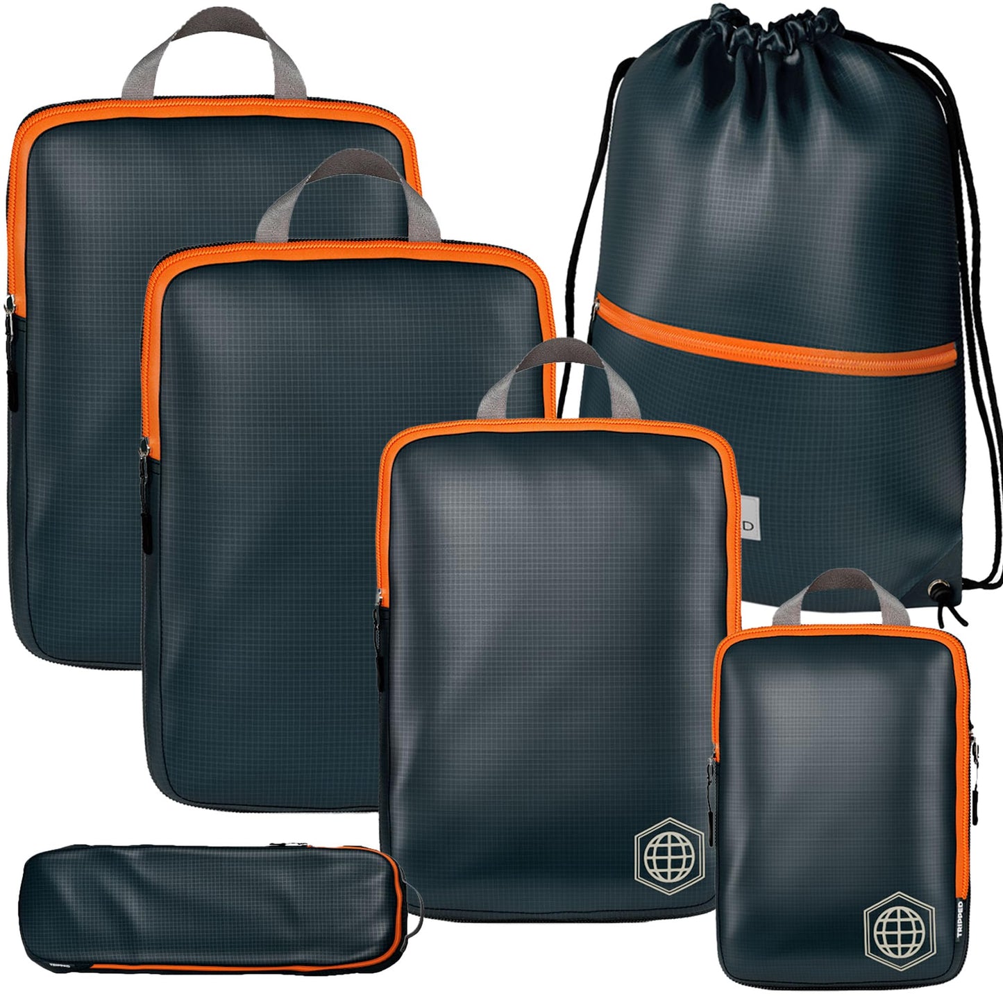 Compression Packing Cubes for Travel – 6 Piece Luggage Organizer Set with Lightweight Laundry Bag/Backpack – Travel Essentials for Carry-On Suitcase or Checked Luggage (Grey/Orange)
