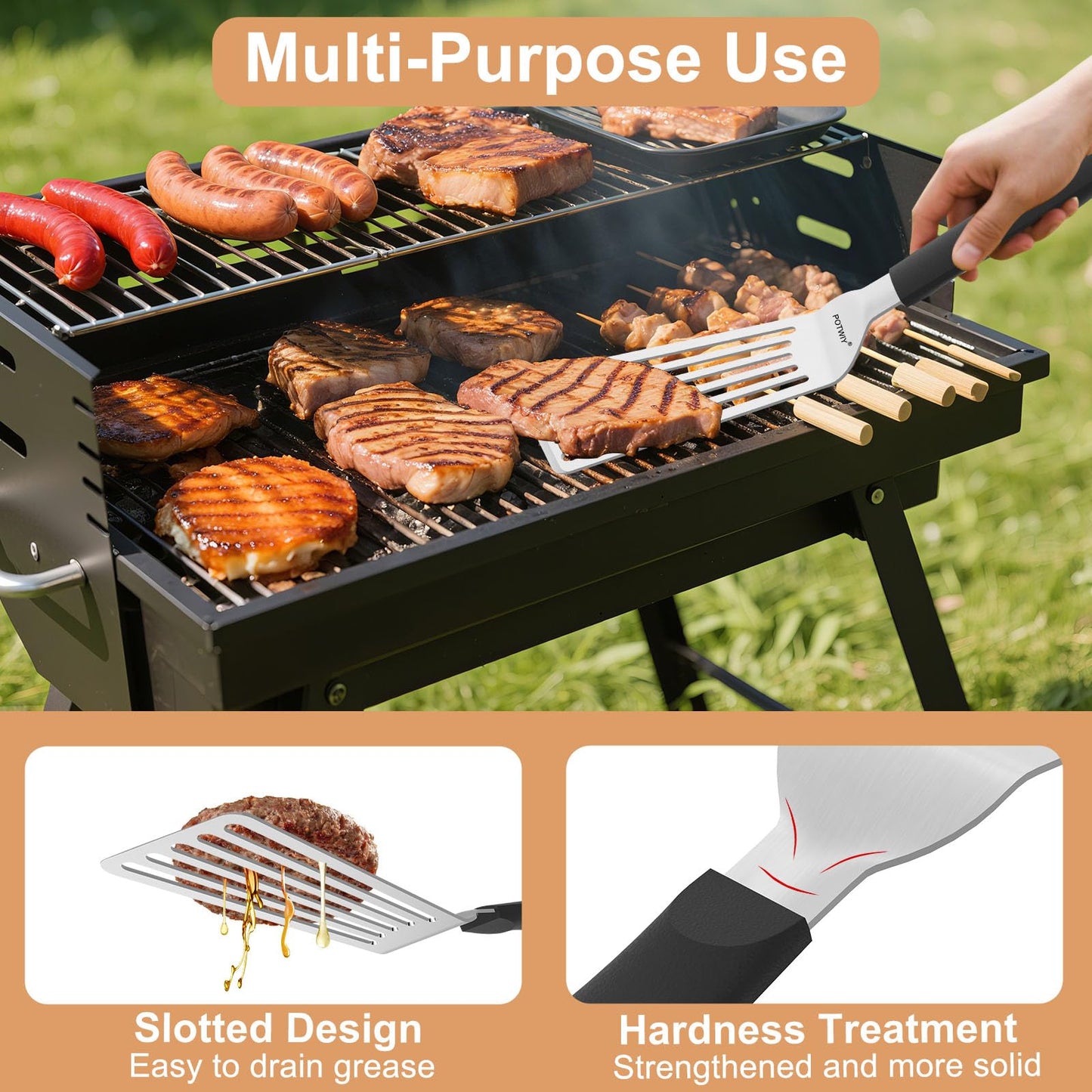 POTWIY Stainless Steel Spatula Set, 13.3" Large & 11.3" Small Slotted Fish Turner with Silicone Handle, Metal Spatulas for Kitchen, Grilling, Cooking Utensils Flipper for Fish, Egg, Pancake (2 Pack)