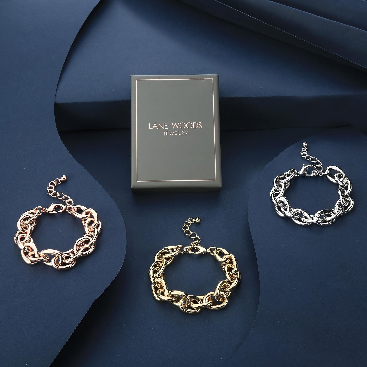 LANE WOODS Silver Bracelets for Women White Gold Plated Chunky Thick Large Link Chain Bracelet