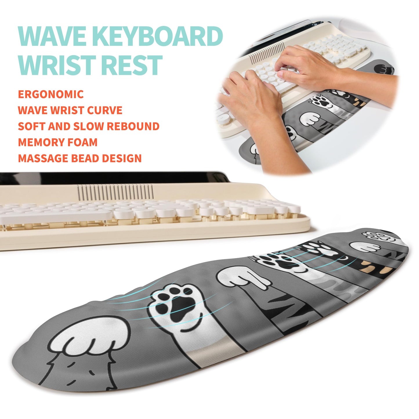 KUOSGM 2-in-1 Ergonomic Set, Wave Rise Keyboard Wrist Rest and Massage Bulge Slope Mouse Pad Wrist Support, Cushion Memory Foam Integrated to Relieve Wrist Pain, Cute Cat Paws