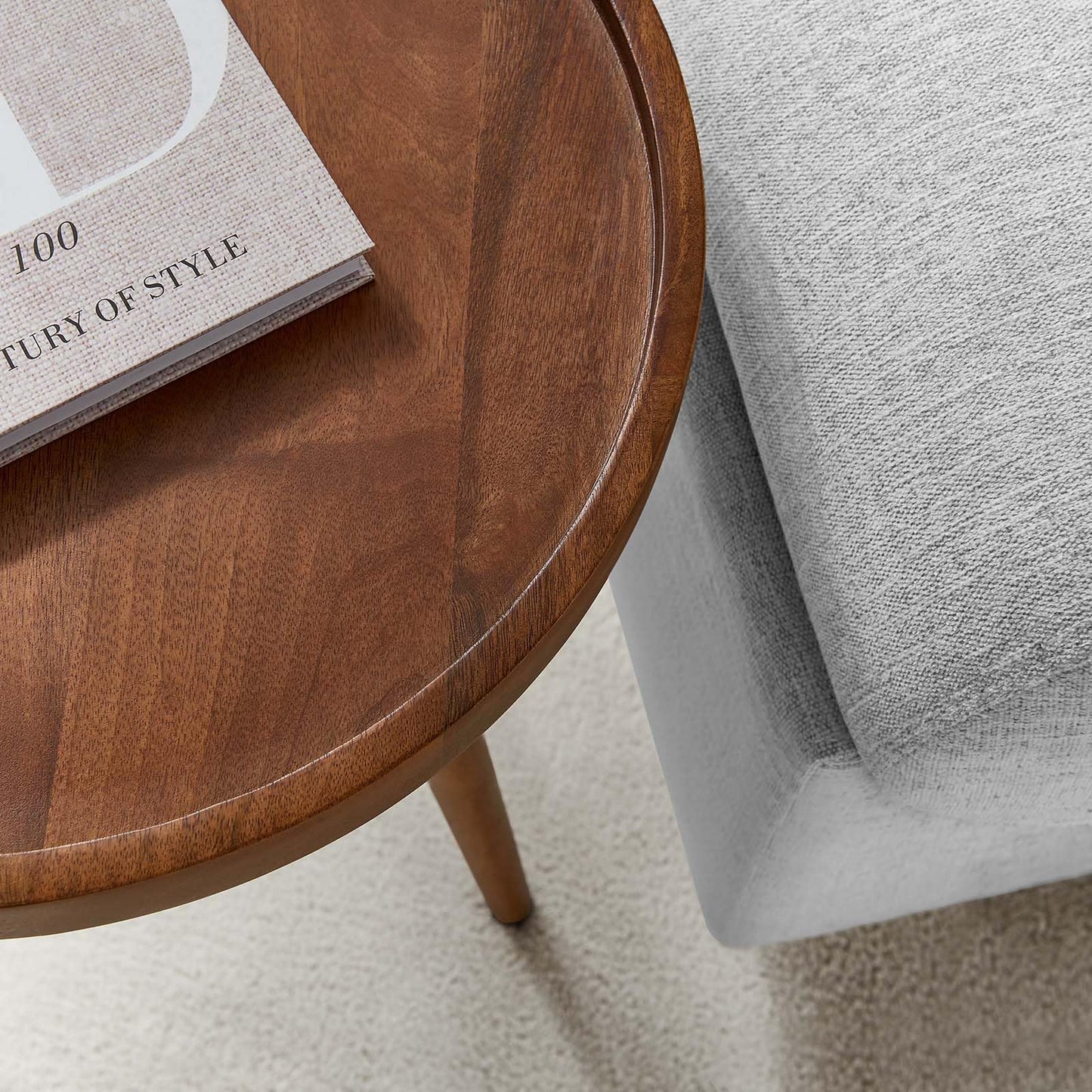 Modway Chiro Solid Wood Side Table in Walnut with Tray Top - Mid-Century Modern Round Accent Table - Small Bedside Table with Tapered Legs - Living Room End Table