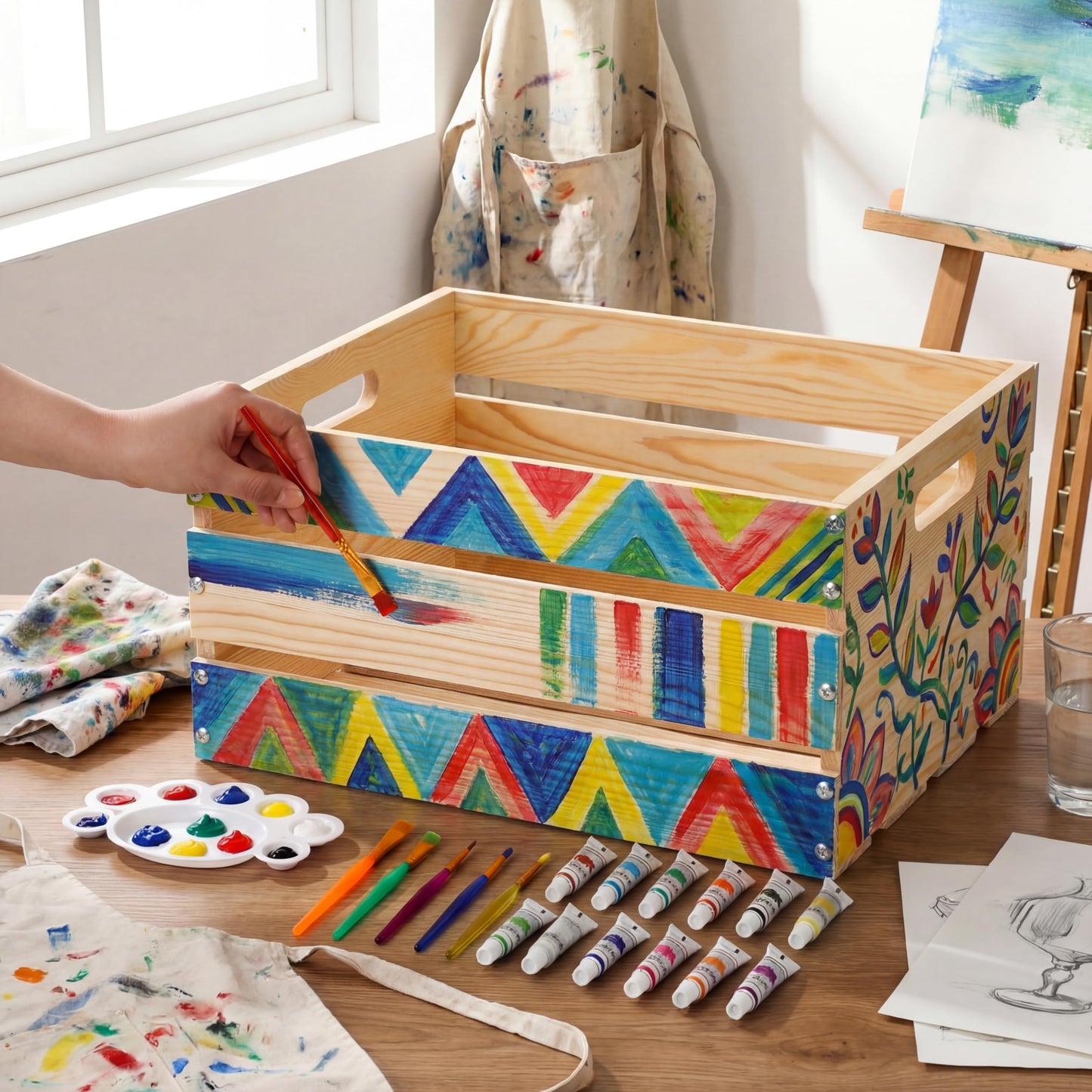 Youyole DIY Summer Bikini Box Large DIY Wood Crate for Crafts Unfinished Wood Crate Box with Paint Set for Storage Display Rustic Farmhouse Beach Party Decor, 16" x 13" x 8.7"