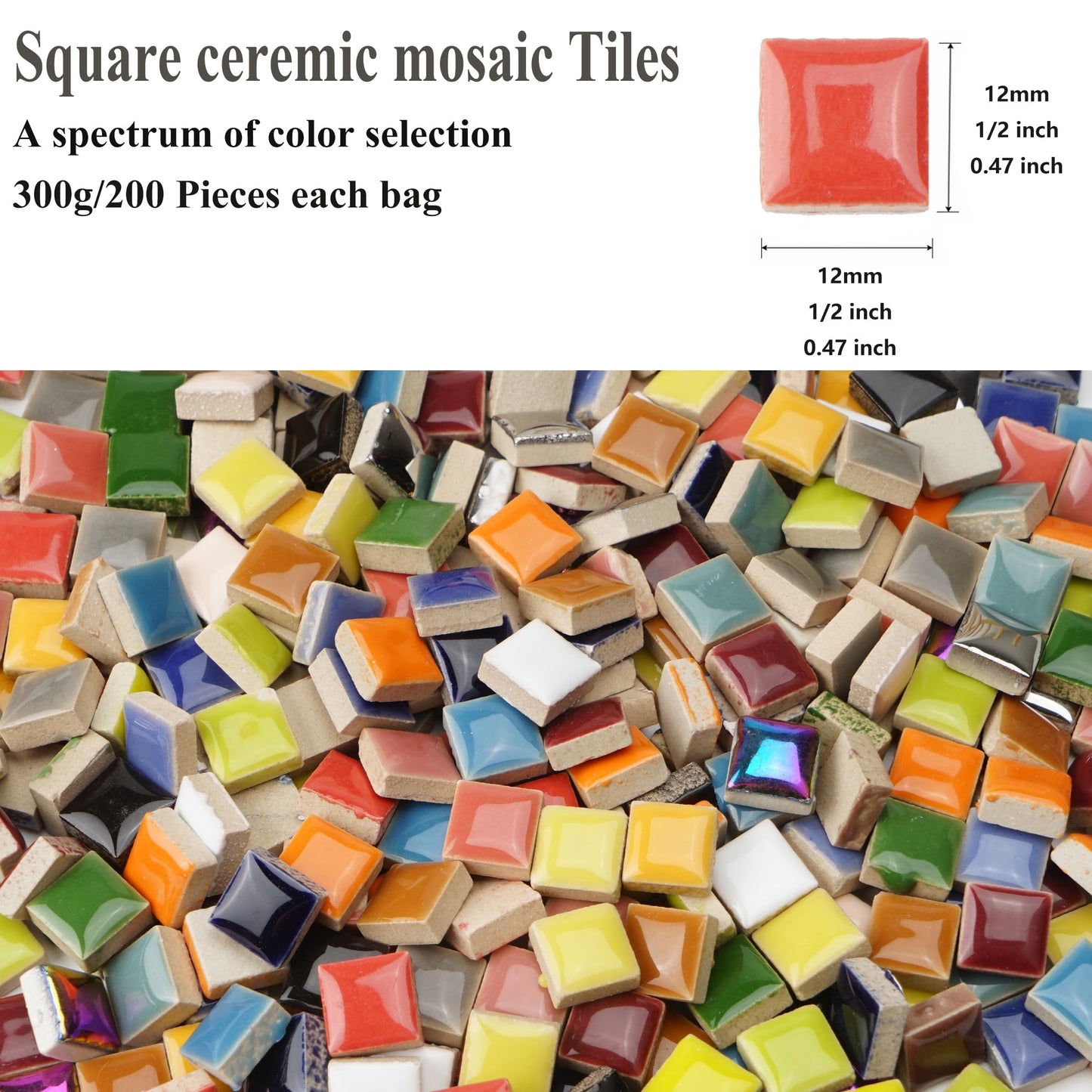 Samjobroad Gold Ceramic Mosaic Tiles for Crafts Bulk, 12mm Square Small Ceramic Tiles for Mosaic, 300g/200 Mosaic Pieces for Art Projects & Home Décor