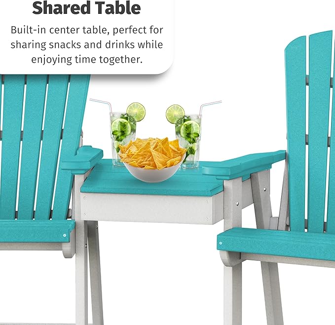 DutchCrafters Plastic Poly Outdoor Bistro Set with 2 Chairs and Attached Center Table, 3 Piece Patio Furniture Set - Amish Made in USA (White & Aruba Blue)