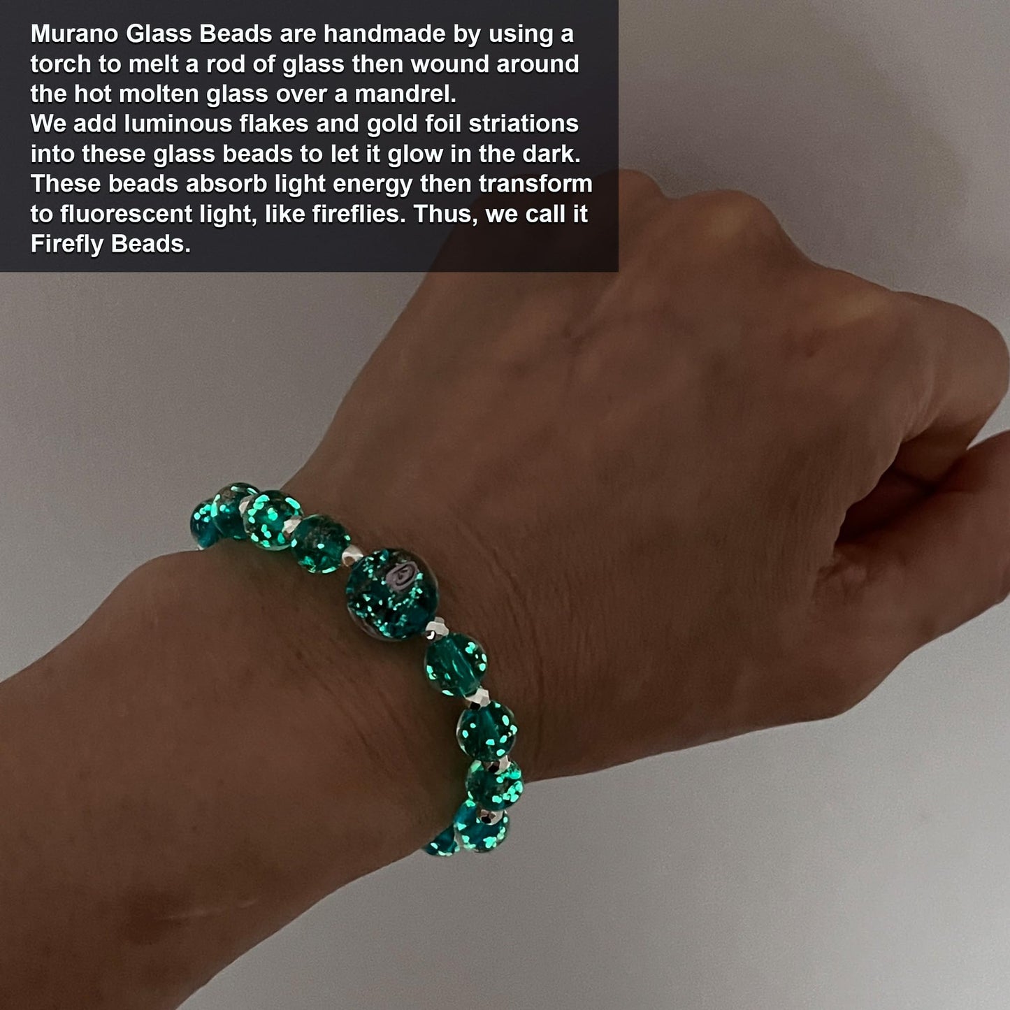 ARTSY CRAFTS INC Glow in The Dark Firefly Beads Bracelets Necklaces, Murano Glass Beads Crystal Birthstone Beaded Jewelry Adjustable Slider Chain (Bracelet-Teal)