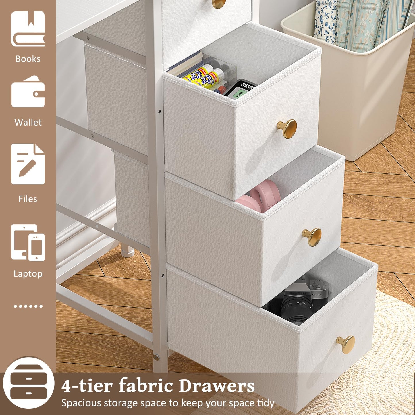Small White Desk with Drawers for Bedroom, 35.4 Inch Kids Girls Teens Student Writing Desk with Storage, Reversible Study Table, White Computer Desk for Home Office, Makeup Vanity Desk for Small Space