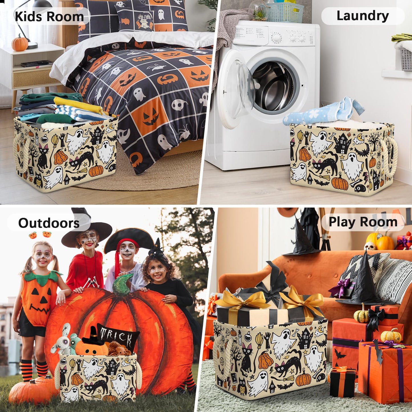 Halloween Ghost Basket Pumpkin Black Bat Boo Spooky Basket with Handles Foldable Halloween Gifts Storage Bins Boxes for Party Home Bedroom Decor