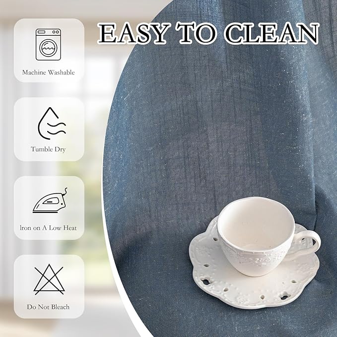 MYSKY HOME Living Room Curtains 90 Inches Long Farmhouse Light Filtering Privacy Curtain Drapes for Patio Door, Linen Look Texture Fabric Bohemian Draperies Soft Touch, 50x90, Dusty Blue, 2 Pieces