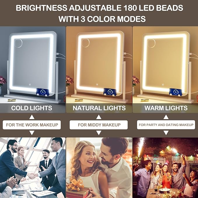 Makeup Vanity Mirror with Lights 15.2" Large LED Lighted Mirror, Hollywood Make Up Mirror with Lighting for Bedroom Tabletop, Smart Touch, 360° Rotation, (White)