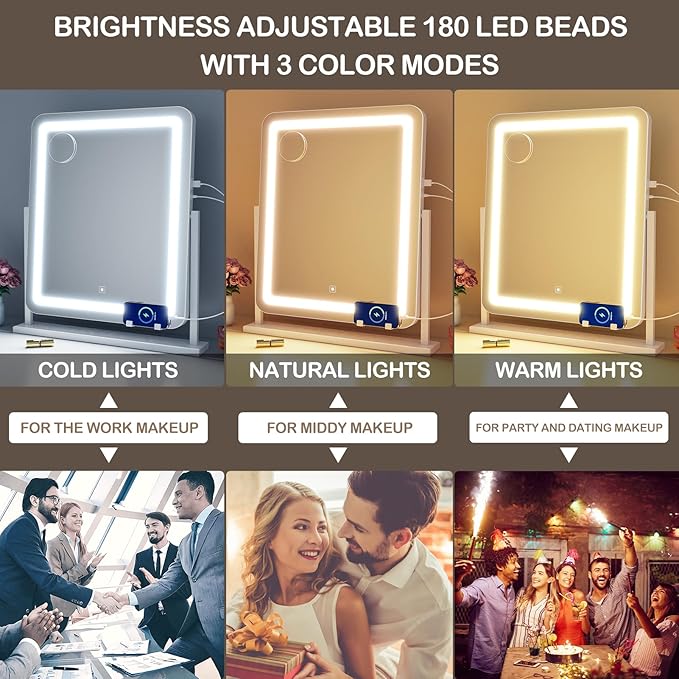 Makeup Vanity Mirror with Lights 15.2" Large LED Lighted Mirror, Hollywood Make Up Mirror with Lighting for Bedroom Tabletop, Smart Touch, Detachable 10X Magnification 360° Rotation, (Black)