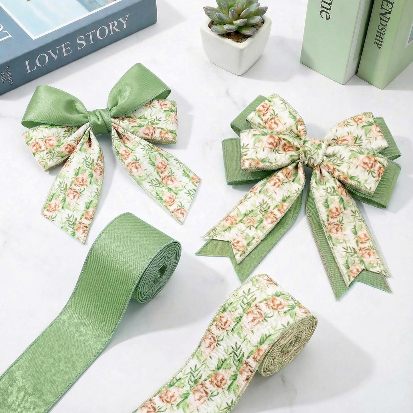 2 Roll 20 Yards Sage Green Floral Wired Edge Ribbon Watercolor Greenery Floral Fabric Ribbon for Spring Summer Wreath Bow Making DIY Crafts Wrapping Party.