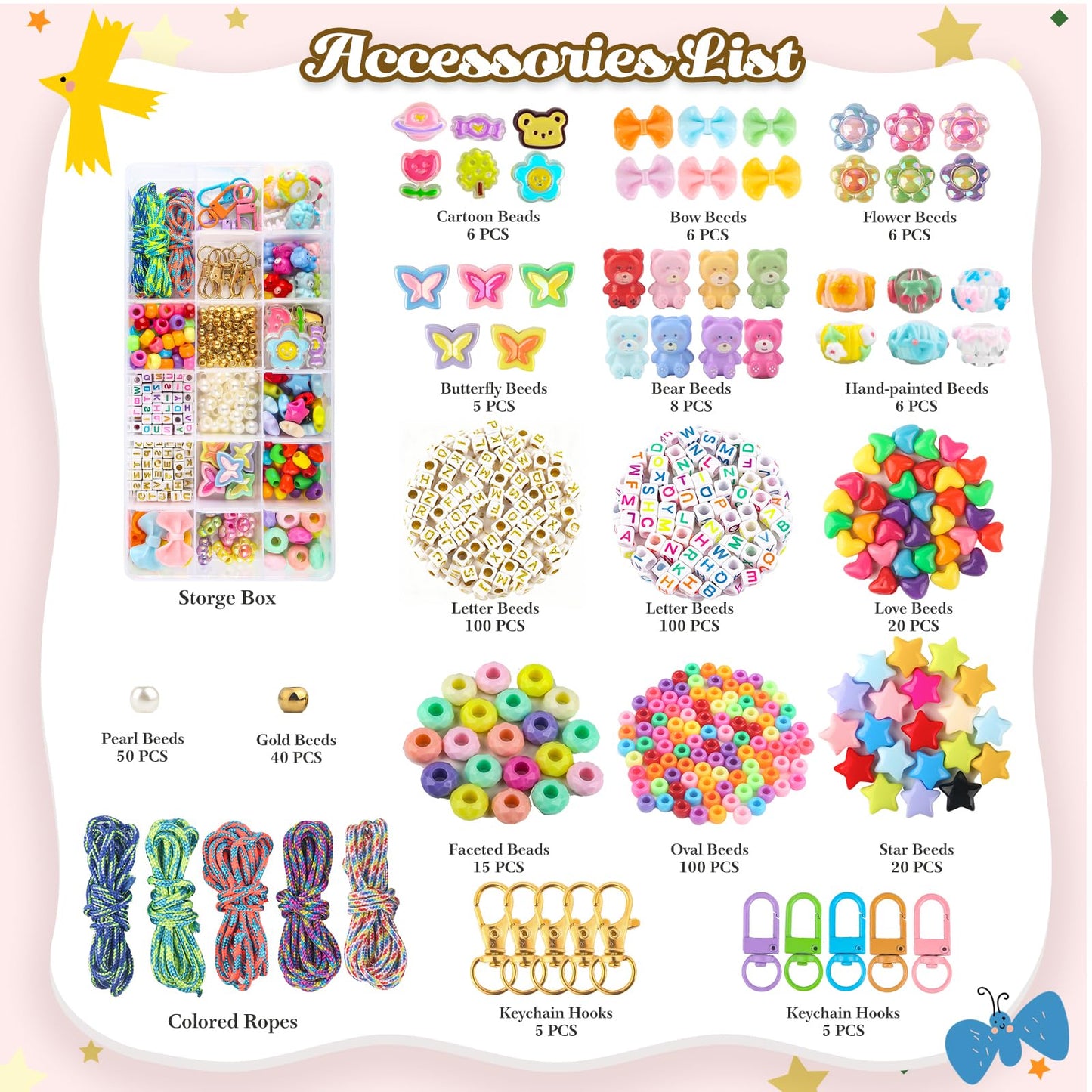 Ecoofor 487 PCS Beaded Keychain Making Kit, Acrylic Letter Beads with Heart, Star & Flower Charms for DIY Jewelry, Bag Accessories & Crafts for Women