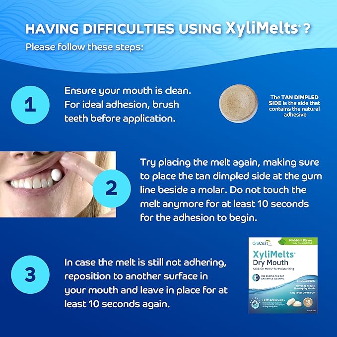 Oracoat XyliMelts for Dry Mouth Night Time or Day - Moisturizing Dry Mouth Adhering Discs, Sugar Free with Xylitol, 80 Count (2 X 40 Twin Pack), Mild Mint Flavor, 8-Hour Relief