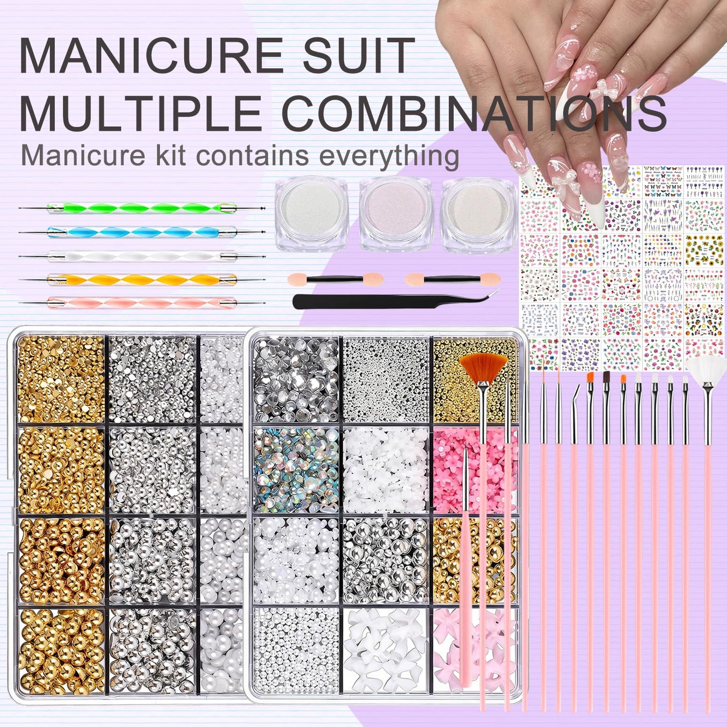 GZMAYUEN Nail Decoration Kits, Nail Art Brushes Set, Nail Charms, Nail Art Dotting Pens, Flowder Nail Stickers, Rhinestones For Nails