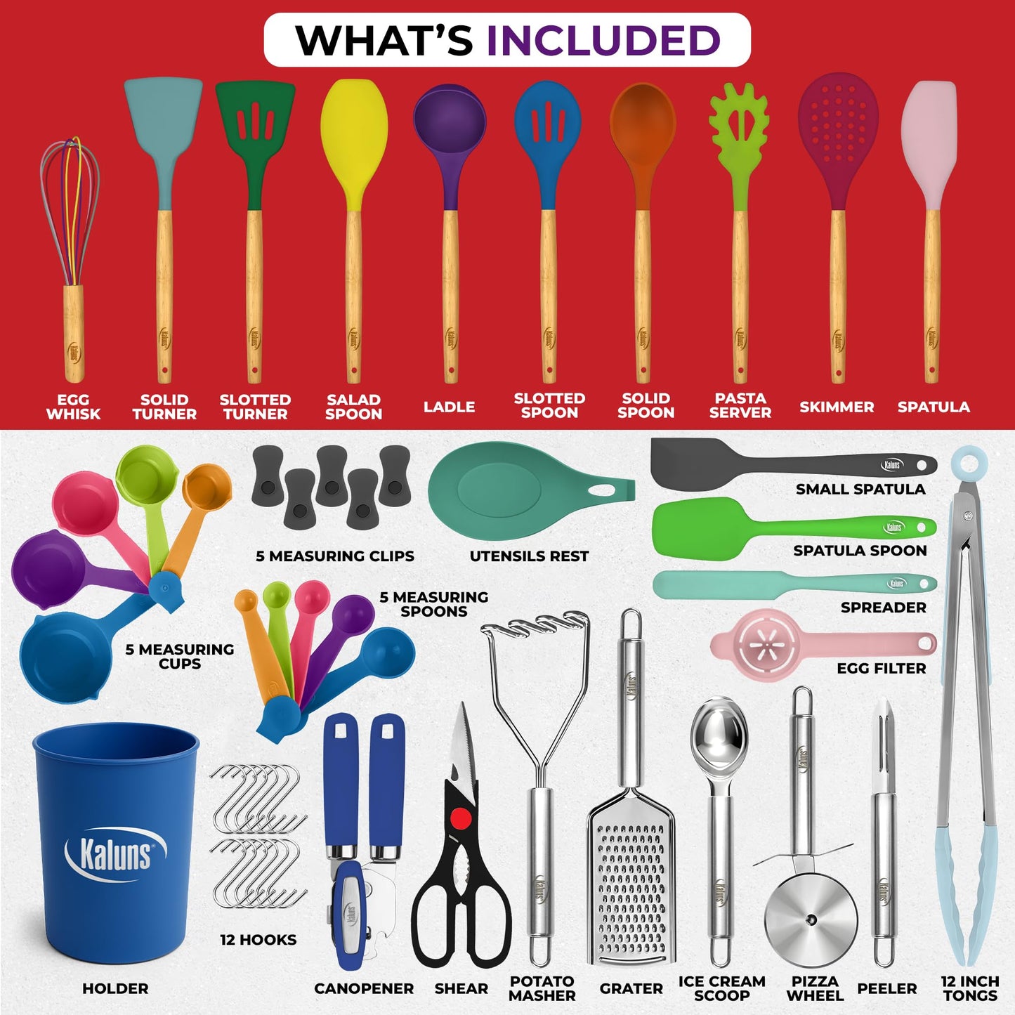 Kaluns 50 PCS Silicone Kitchen Utensils Set Complete Kitchen Set - 800°F Heat Resistant Non-Stick Premium Cooking Utensils W Wooden Handles - Can Opener, Masher, Turner, Silicone Spatula Set