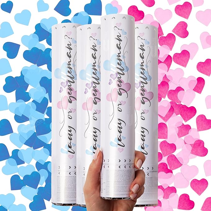 PrimePure Gender Reveal Confetti Cannon - Biodegradable Heart Shaped Confetti Poppers - Pink & Blue, 4 Pack - Baby Girl or Baby Boy Gender Reveal Party Poppers - Party Supplies Pop Gun