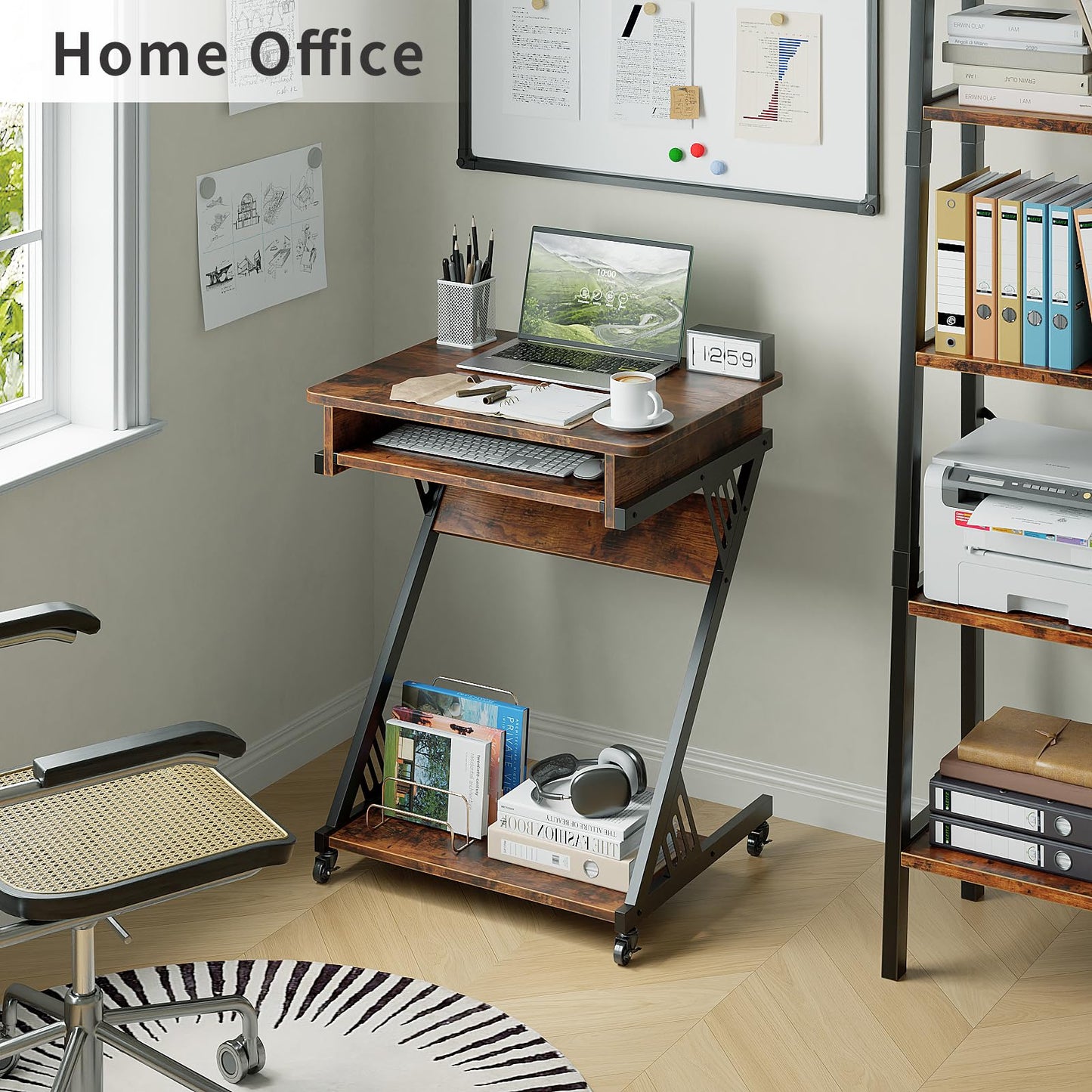ALISENED Computer Desk for Small Spaces, 23.6" Z-Shaped Compact Study Table with Smooth Keyboard Tray with Wheels and Bottom Shelves for Home Office, Computer Cart Mobile Laptop Cart, Rustic Brown