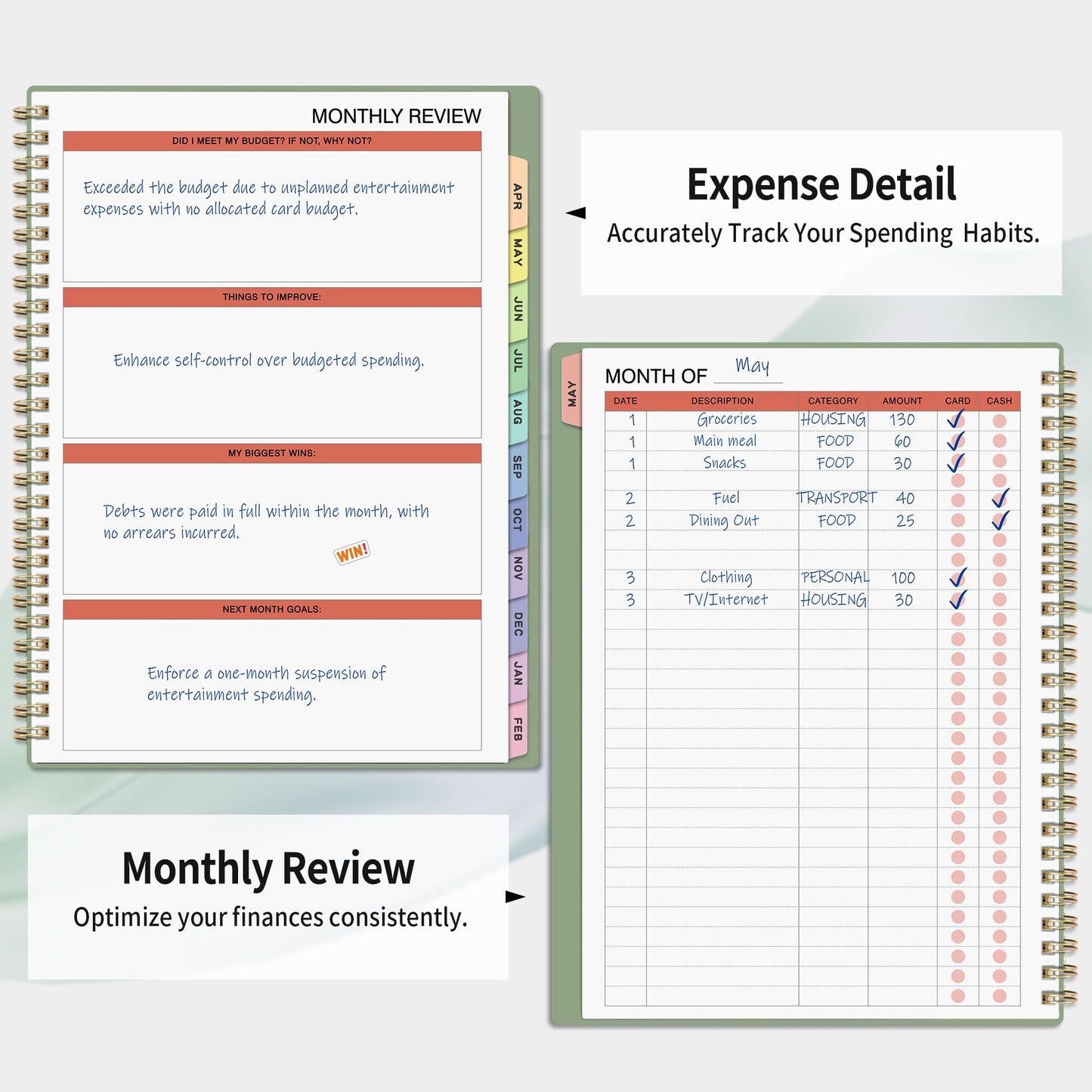 Budget Planner - Monthly Budget Book for Daily Expense Tracking, Business, Debt, Savings, B5 (7.3" x 10.15") Undated Financial Planner with Colorful Tabs Manages Your Money Effectively, Light Green