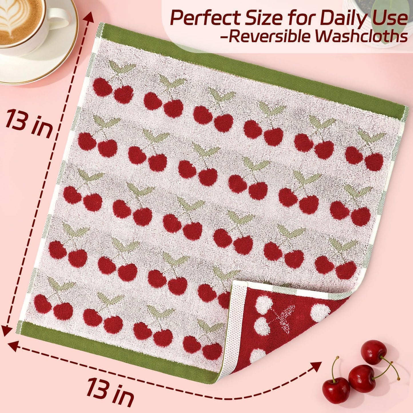 Cleanbear Cherry Pattern Washcloths 6 Pack, Reversible Cotton Wash Cloths 13 x 13 Inches, Soft Absorbent Face Towels for Bathroom, Red