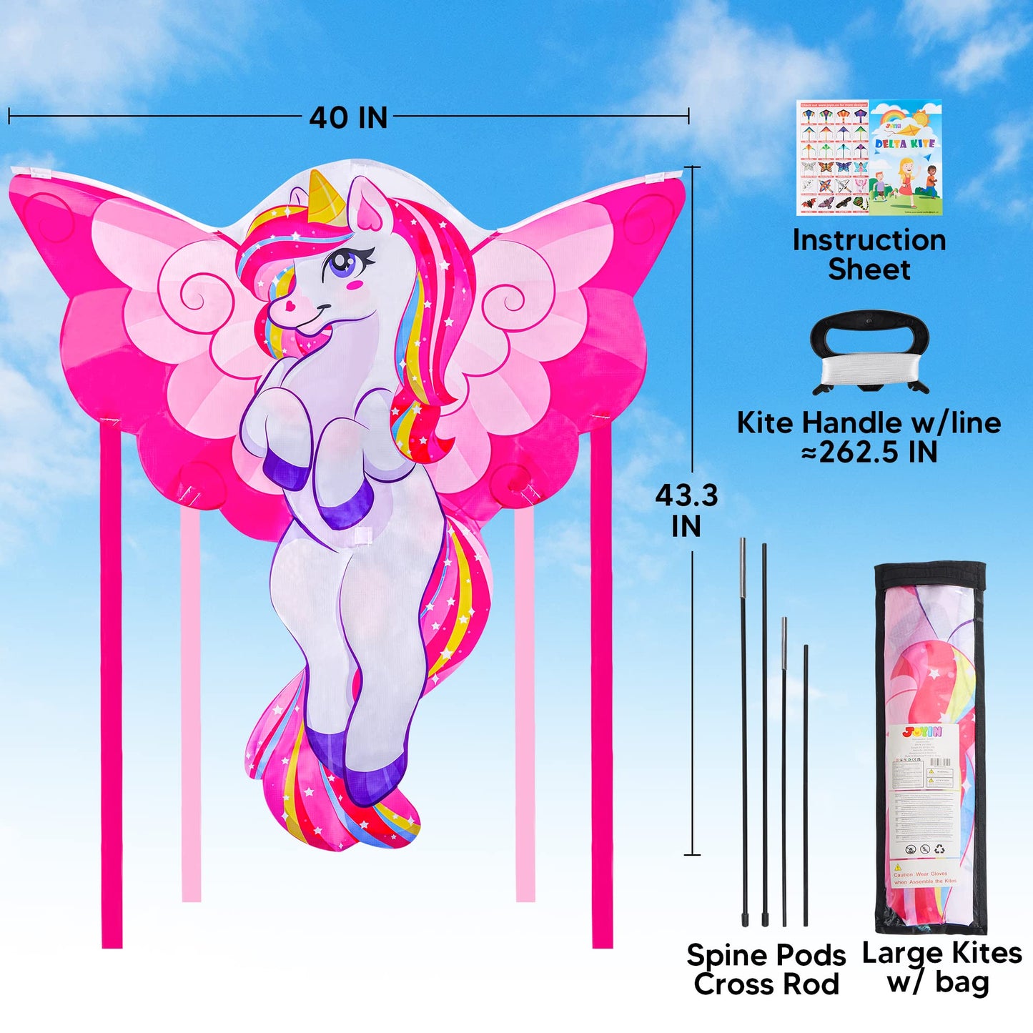 JOYIN 43.3'' Giant Unicorn Kite Easy to Fly for Kids and Adults with 262.5 ft String, Large Beach Kite for Outdoor Games and Activities