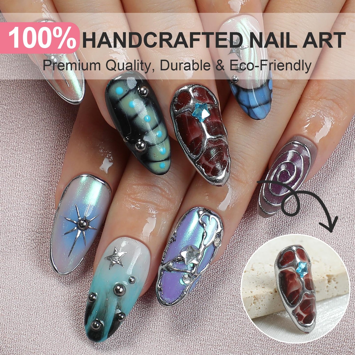 Gradient Press on Nails Handmade Press on Nails Punk Rock Gothic Cool Designs Stars Fake Nails Full Cover French False Nails Medium Almond 3D Silver Steel Ball False Nails for Women (Size S)